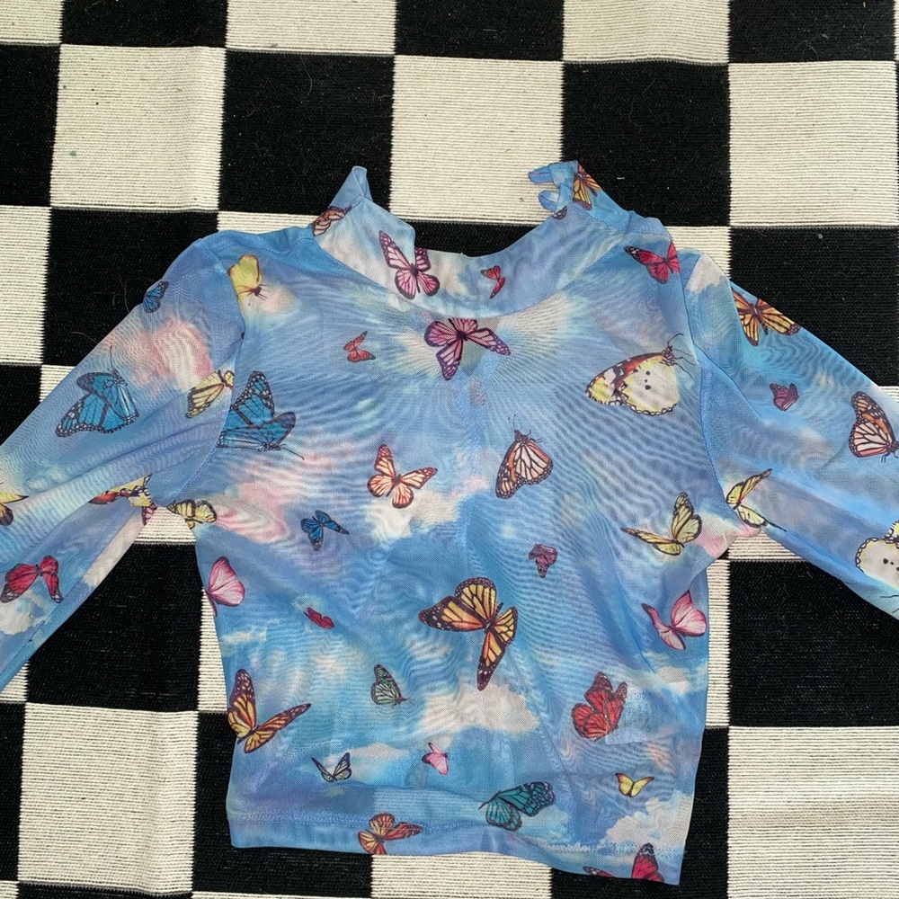 Sheer Butterfly Long-Sleeve Crop Top